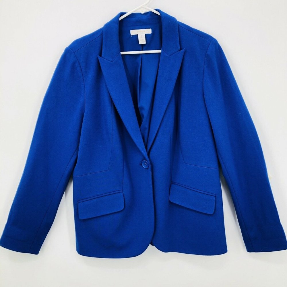 Chico's Stretch Travel Blue Purple BlazerJacket Size 2 Large EUC Suit Workwear